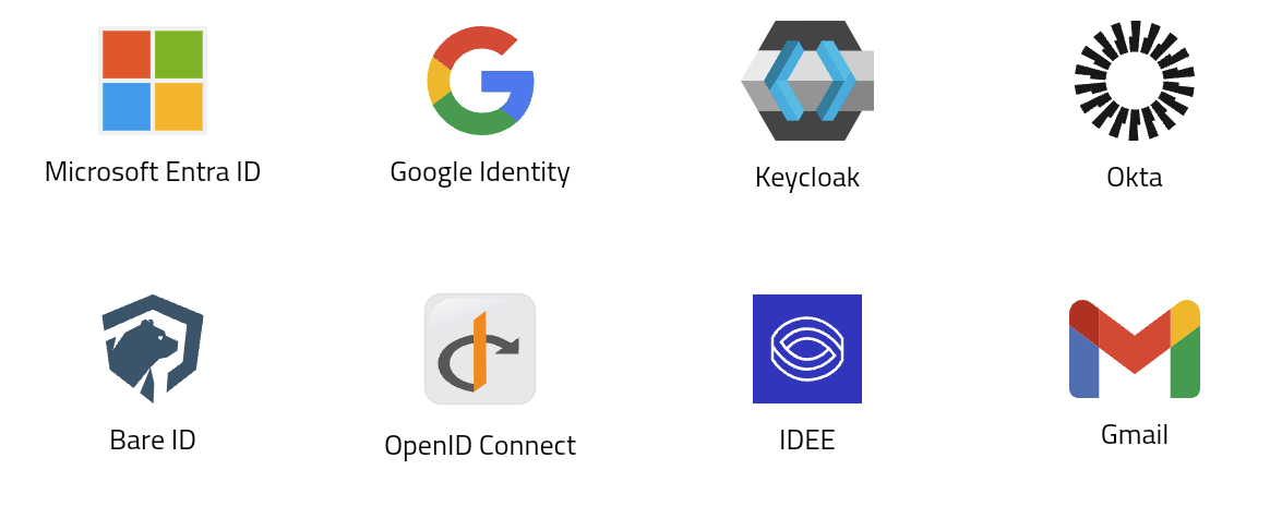 Logos of identity providers XplicitTrust integrates with: Microsoft Entra, Google, Keycloak, and BareID.