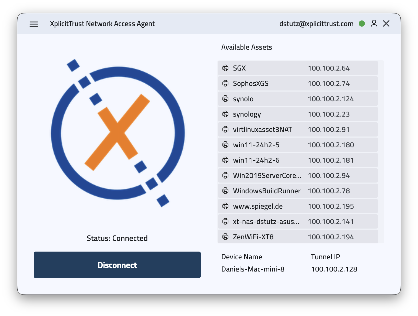 XplicitTrust agent UI: connect, switch identities, and review session state from a single window.